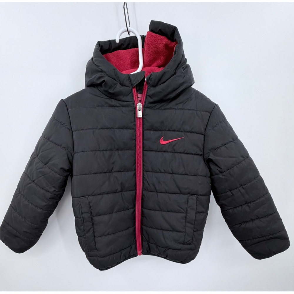 Nike Puffer Jacket Kids 3T Black Red Hooded Fleece Lined Full Zip Puffer Coat